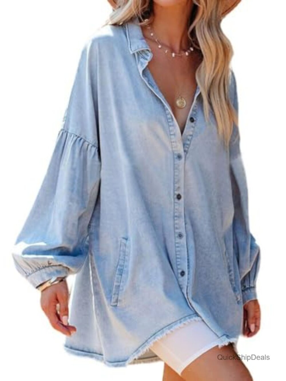 Oversized Distressed Denim Button Down Tunic Mini Dress with Pockets